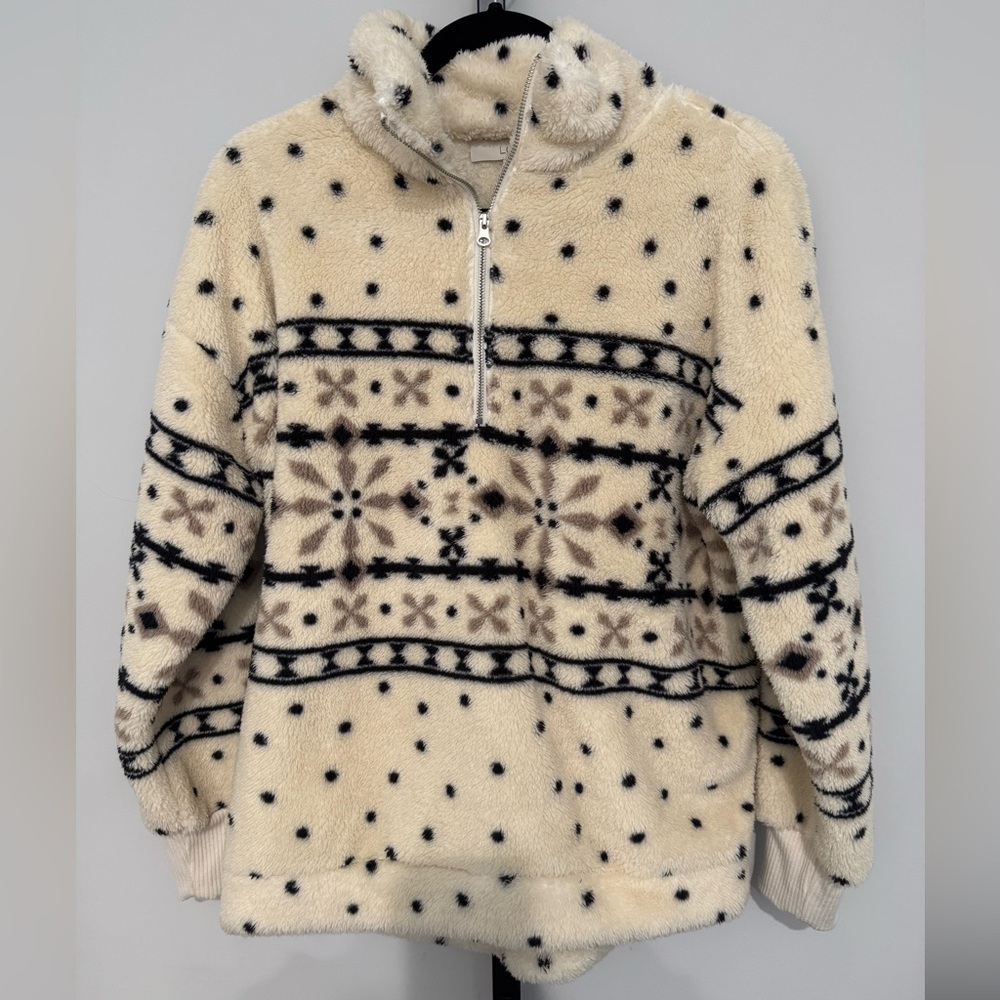 LOFT Fair Isle Sherpa Zip Sweatshirt Fleece Cream and Black Size Medium M EUC
